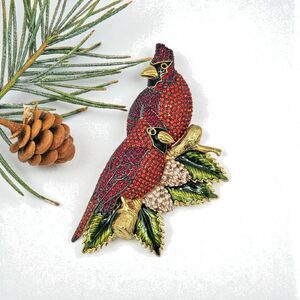 Joan Rivers Cardinal Brooch Vtg Swarovski Crystal Love Birds Winter Holiday Pin
